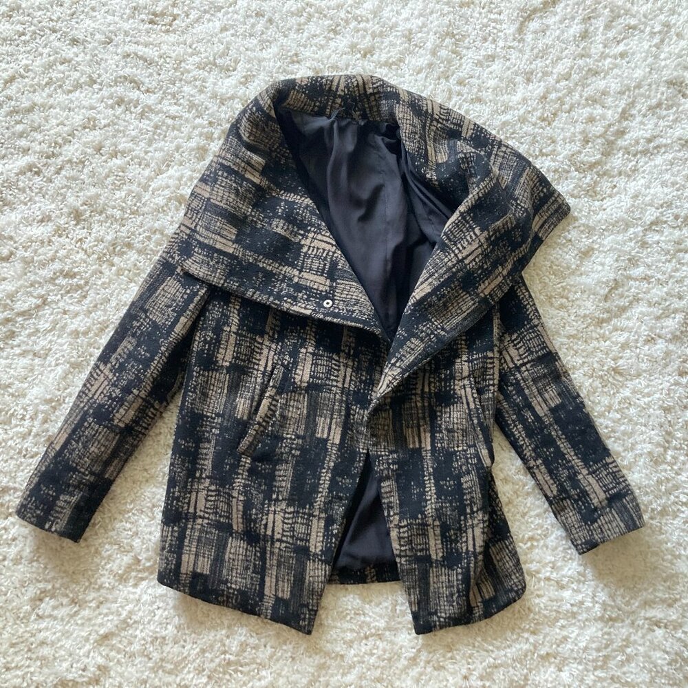 Asymmetrical Brown and Black Side Zip Cowl Neck Coat